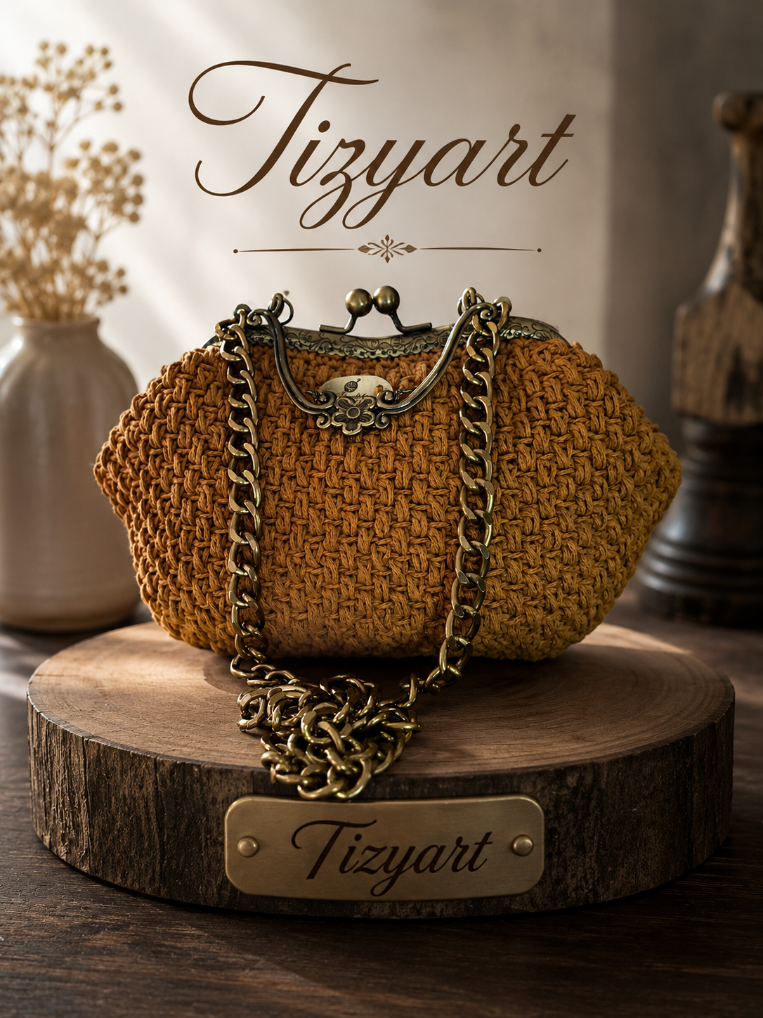 Borsa all’Uncinetto Fatta a Mano con Tracolla a Catena – Senape | Tizyart