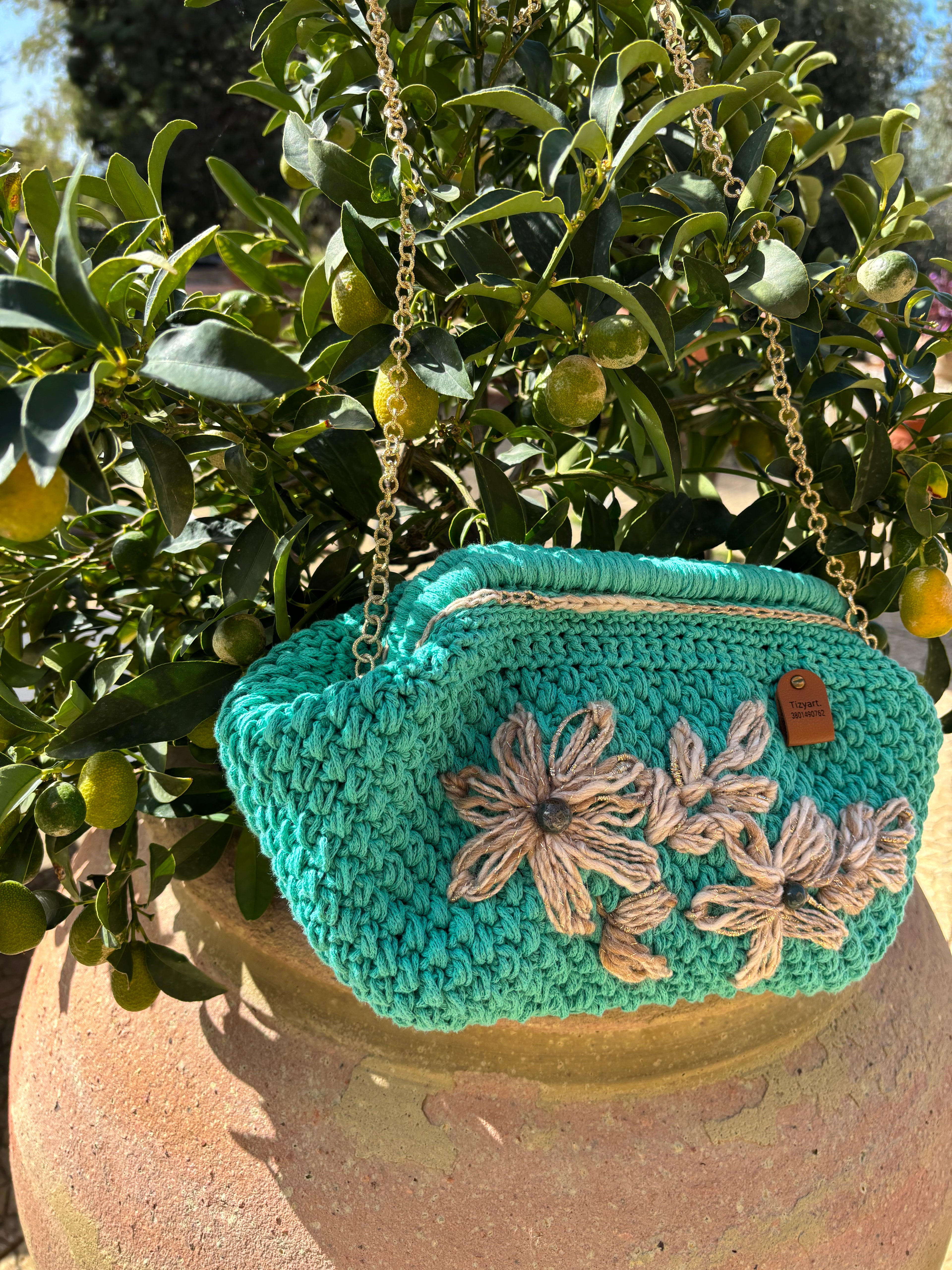 Borsa Artigianale in Cordoncino di Cotone Turchese