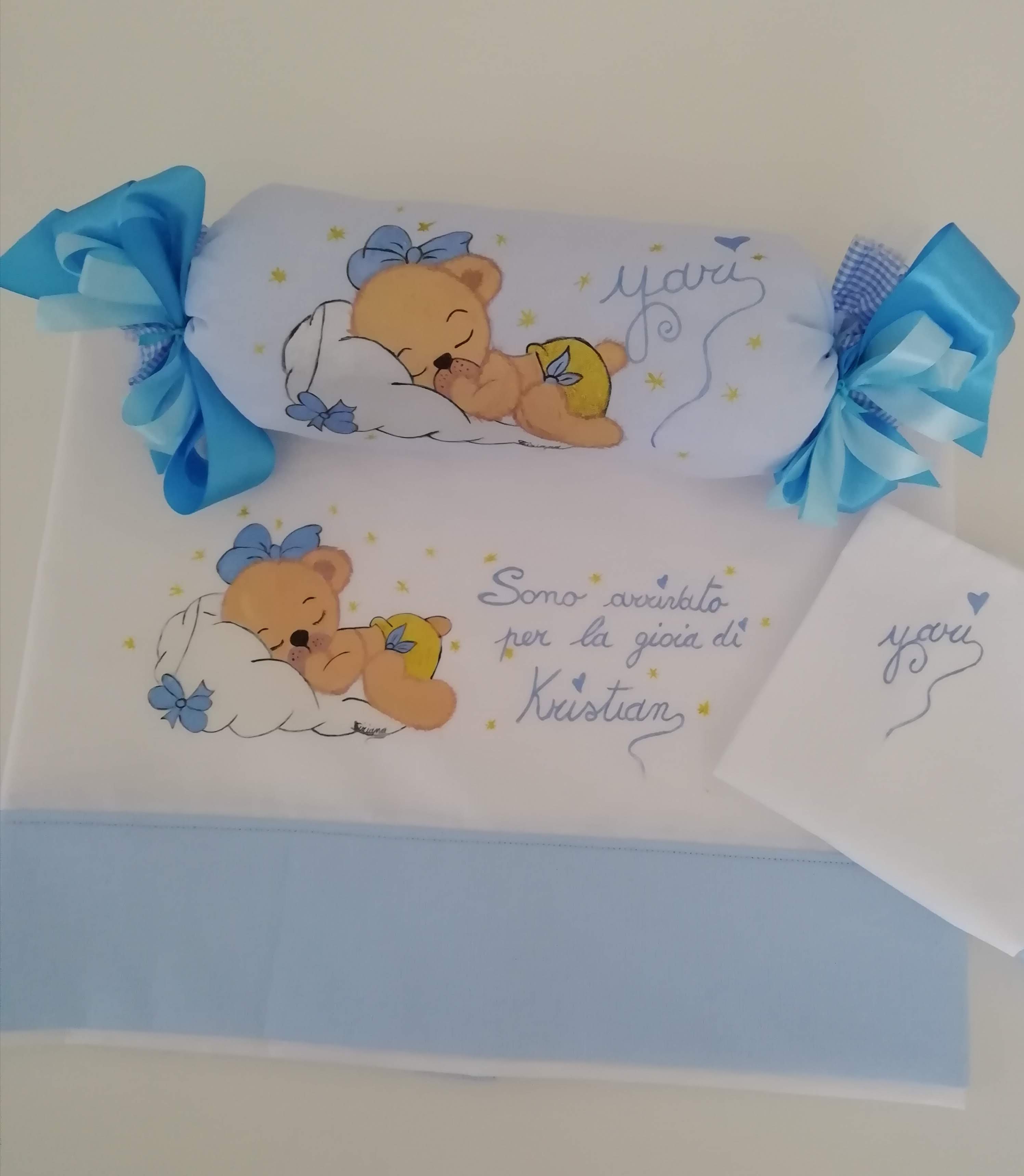 Set lenzuolino carrozzina e caramella paracolpi– Azzurro personalizzato