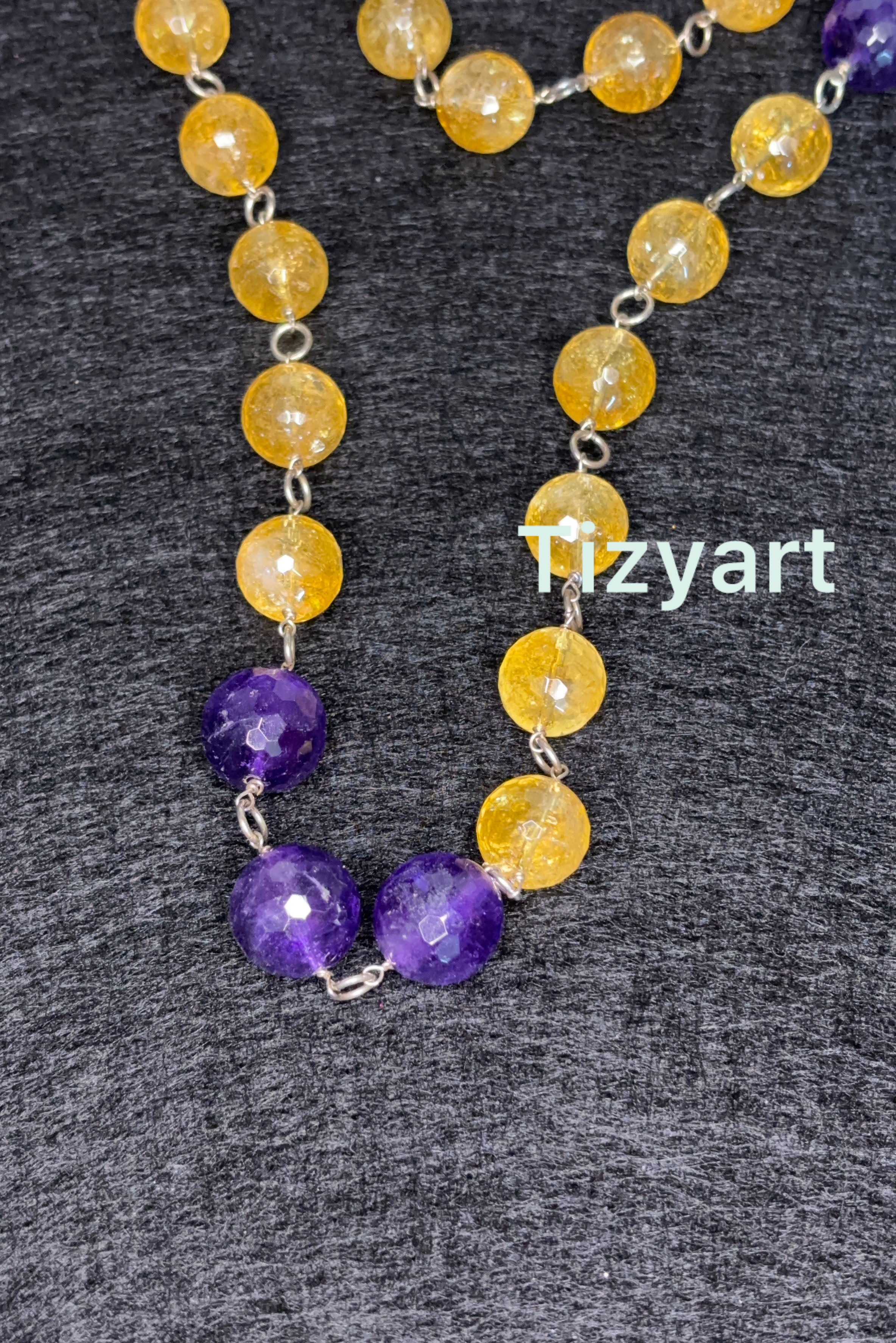 Collana lunga in ametista e aragonite montata in argento 925