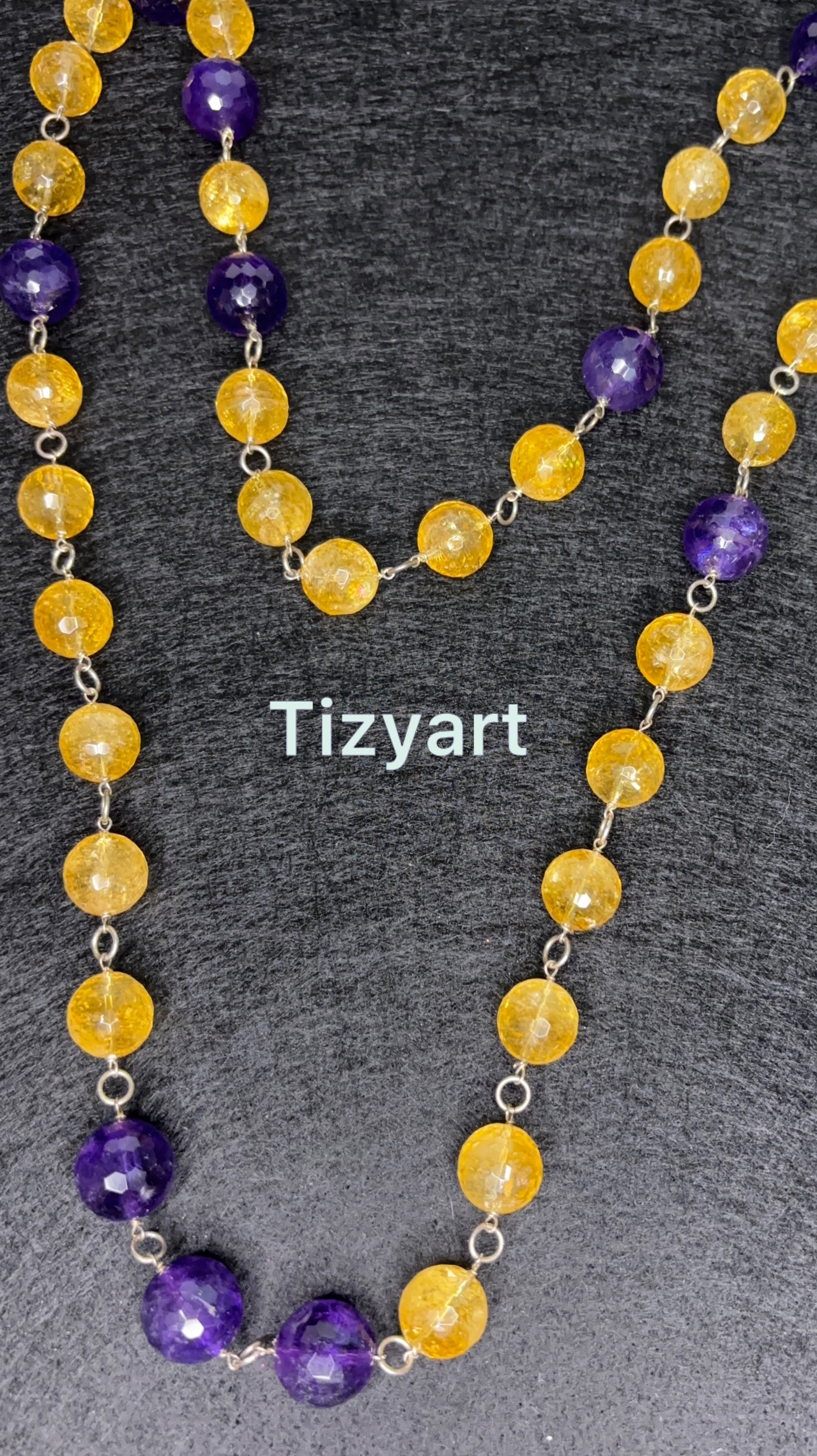 Collana lunga in ametista e aragonite montata in argento 925
