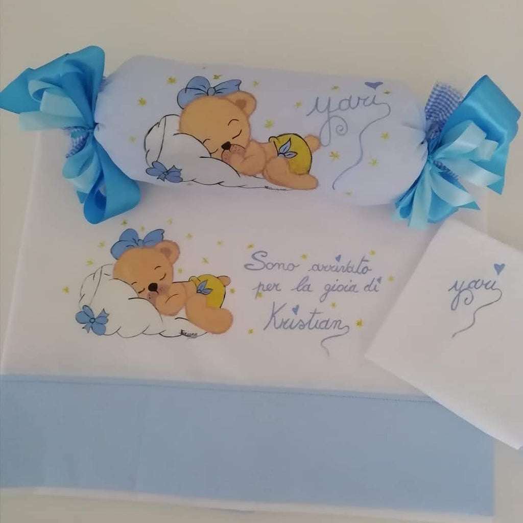 Set lenzuolino carrozzina e caramella paracolpi– Azzurro personalizzato