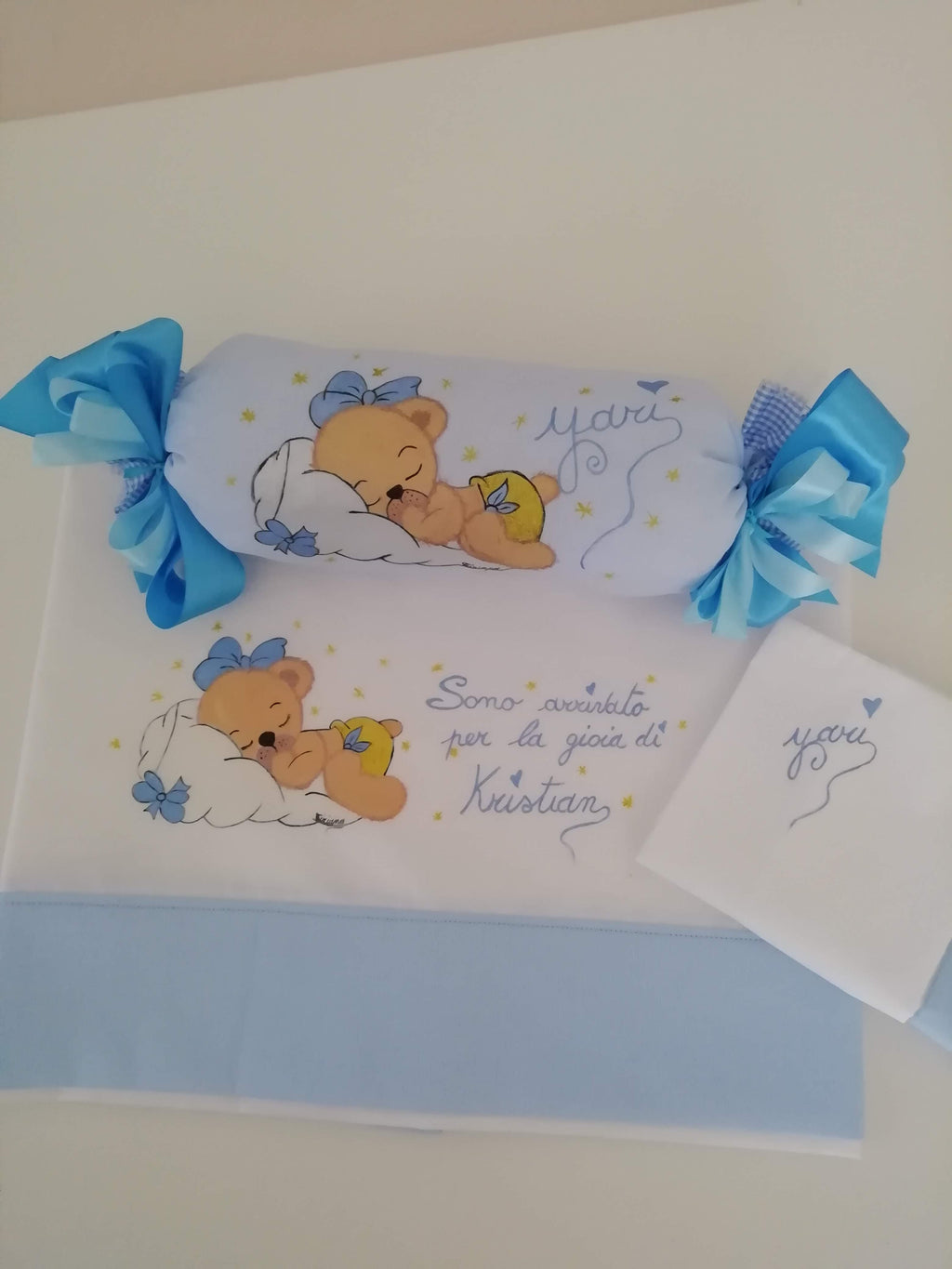 Set lenzuolino carrozzina e caramella paracolpi– Azzurro personalizzato