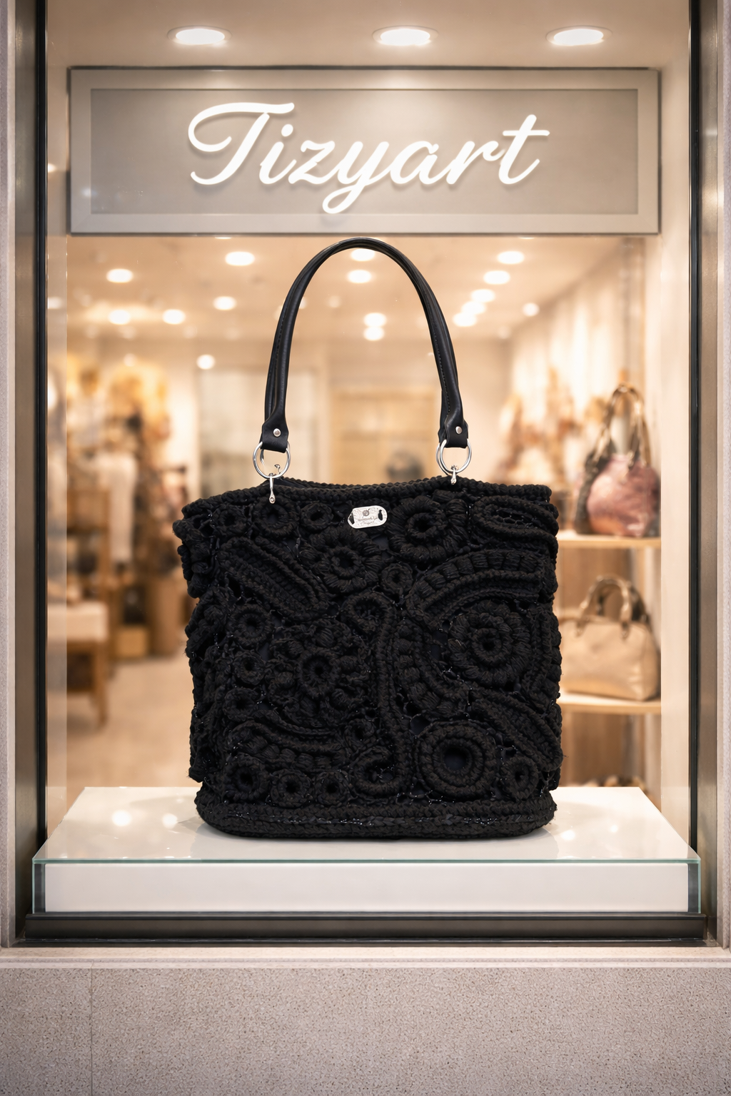 Borsa nera in lana con manici lunghi in similpelle