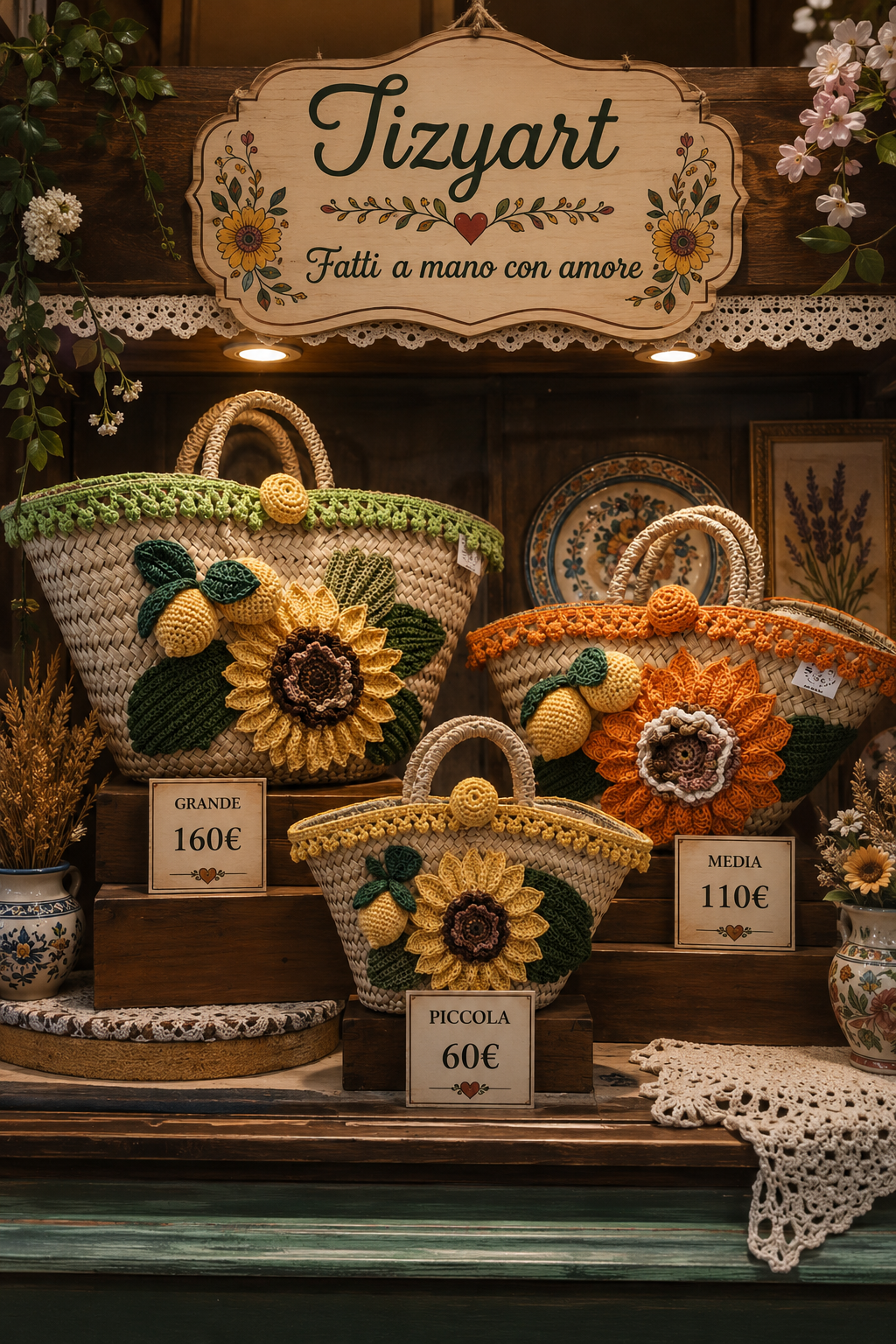 Borsa in paglia con decorazioni all’uncinetto – Fatta a mano → Borsa in Paglia Decorata all’Uncinetto – Fatta a Mano Tizyart